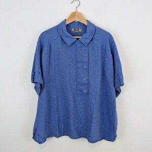 FLAX 100% linen asymmetrical button up cornflower blue top